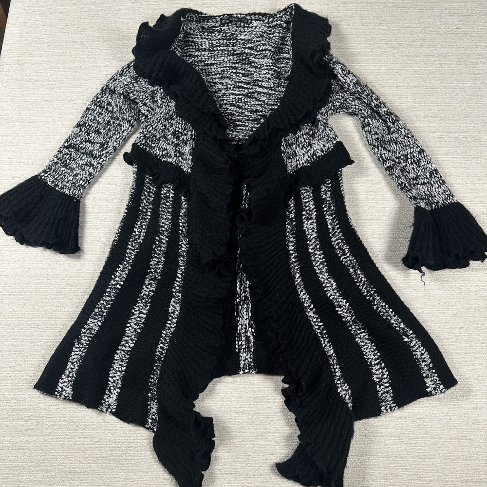 Ruffle Duster Cardigan S Black White Boho Whimsigoth Fairy Grunge Longline Wool